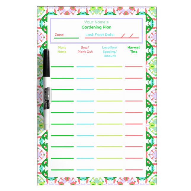 Green Pink Grow Your Own Gardening Plan Planner Dry Erase Board (Front)