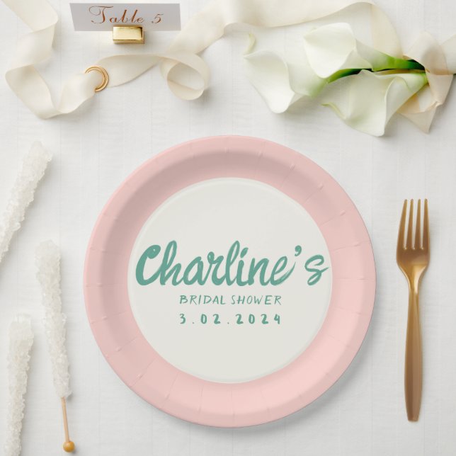 Green Pink Handwriting Retro Bridal Shower Paper Plates (Wedding)