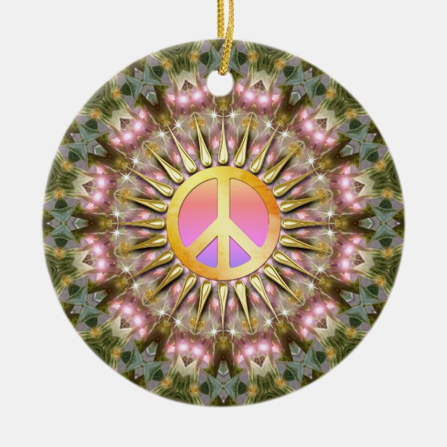 Green Pink Healing Light Peace Mandala Ceramic Ornament (Front)