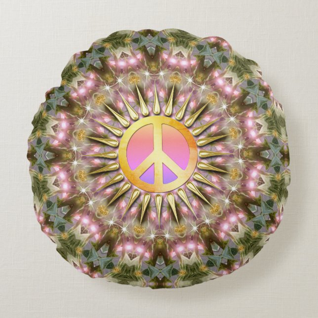 Green Pink Healing Light Peace Mandala Round Pillow (Front)