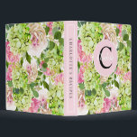 Green Pink Hydrangea Monogram 3 Ring Binder<br><div class="desc">Watercolor floral all over print design with hydrangeas,  peonies and roses in soft pastel pink and fresh green tones. Customizable with your monogram and name.</div>