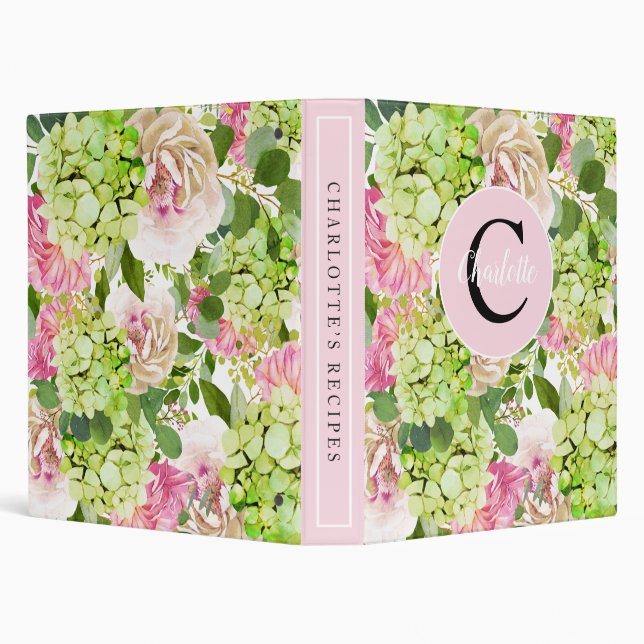 Green Pink Hydrangea Monogram 3 Ring Binder (Background)