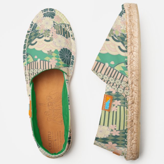 Green Pink Japanese Kimono Floral Flower Womens Espadrilles (Side)