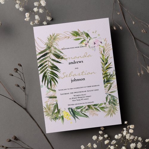 Green pink lavender gold glitter foliage wedding invitation