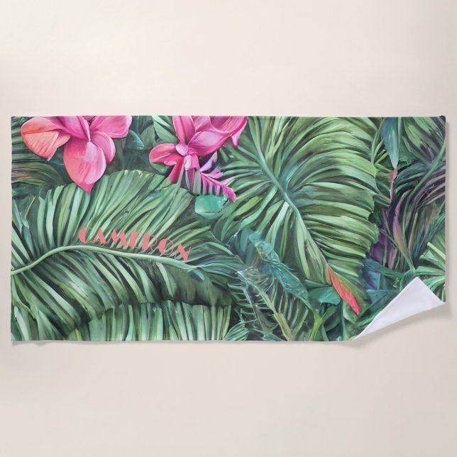 Green Pink Leaf Pattern Personalized Summer Beach Towel (Front)