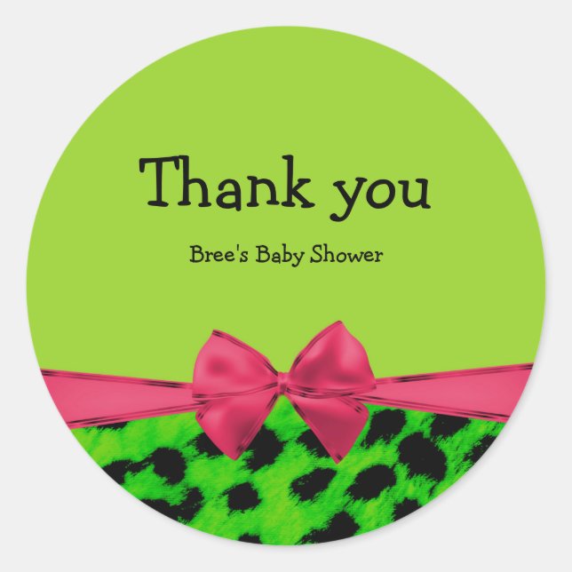 Green Pink & Leopard Bow Glam Animal Print Classic Round Sticker (Front)