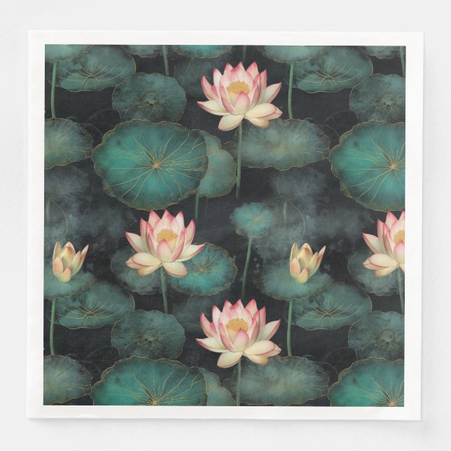 Green pink lily pond pattern paper dinner napkins (Front)