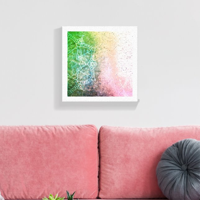 Green Pink Mandala Boho Canvas Wall Art (Insitu(LivingRoom))