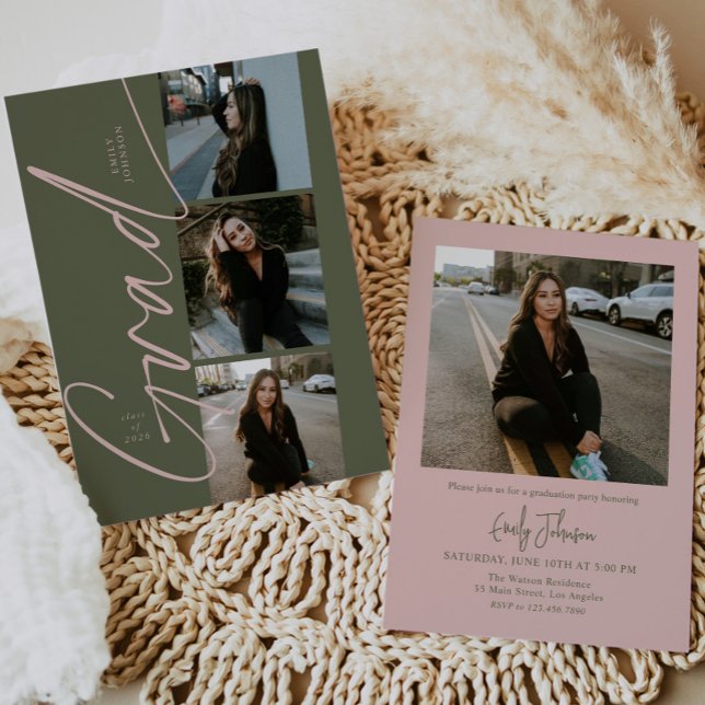 Green & Pink Modern Script Photo Graduation Invitation (Creator Uploaded)