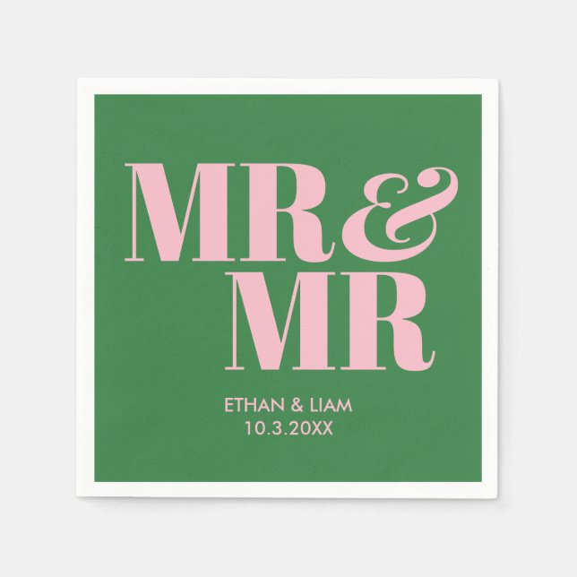 Green & Pink Mr & Mr Personalized Wedding Napkins (Front)