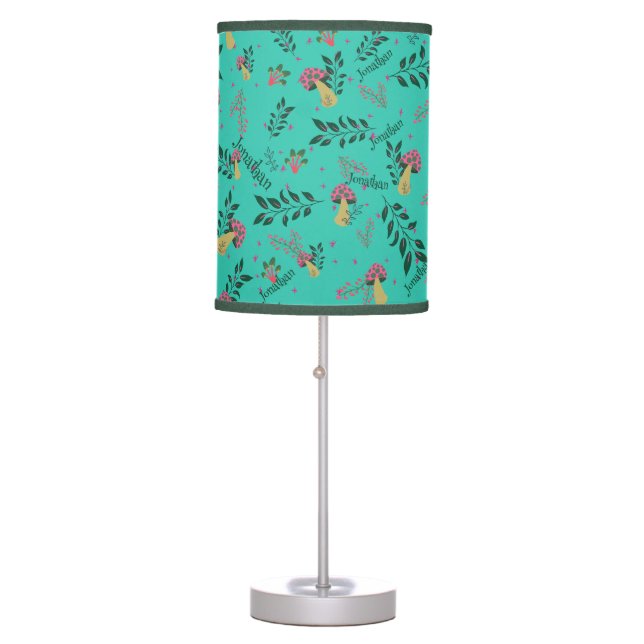 Green Pink Mushrooms Illustration Nursery Night Table Lamp (Front)