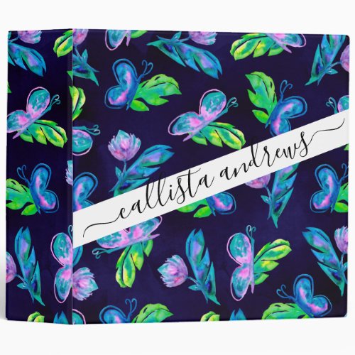 Green Pink Navy Butterfly Flower Leaves Watercolor 3 Ring Binder