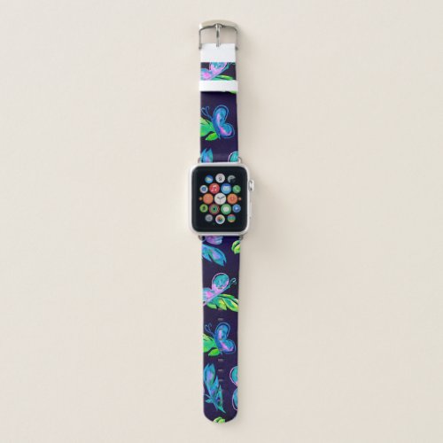 Green Pink Navy Butterfly Flower Leaves Watercolor Apple Watch Band