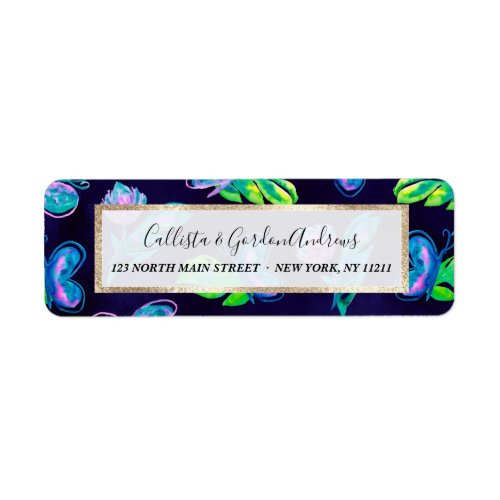 Green Pink Navy Butterfly Flower Leaves Watercolor Label