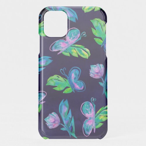 Green Pink Navy Butterfly Flower Leaves Watercolor iPhone 11 Case