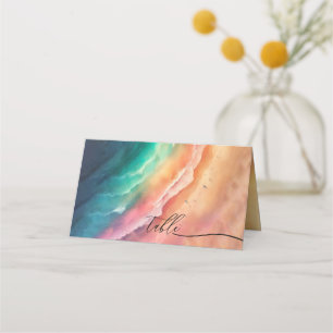 Green Pink Ocean Beach Green Wedding Watercolor Place Card