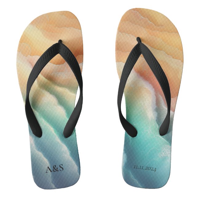 Green Pink Ocean Beach SUMMER Watercolor Elegant Flip Flops