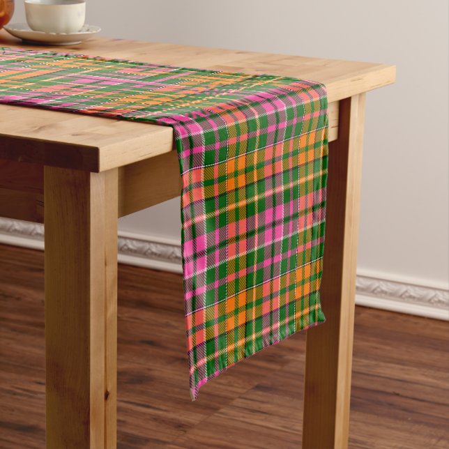Green Pink Orange Plaid Tartan Design  Short Table Runner (In Situ)