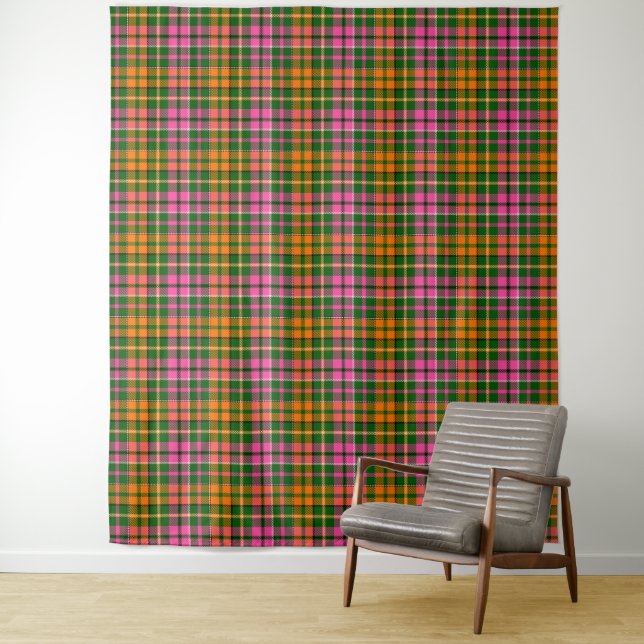 Green Pink Orange Plaid Tartan Design  Tapestry (In Situ)