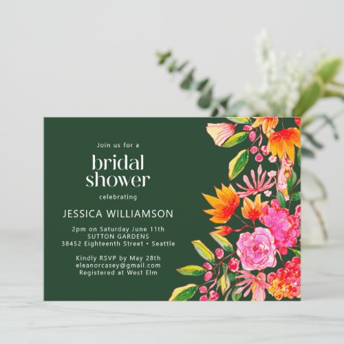 Green Pink Orange Watercolor Floral Bridal Shower Invitation