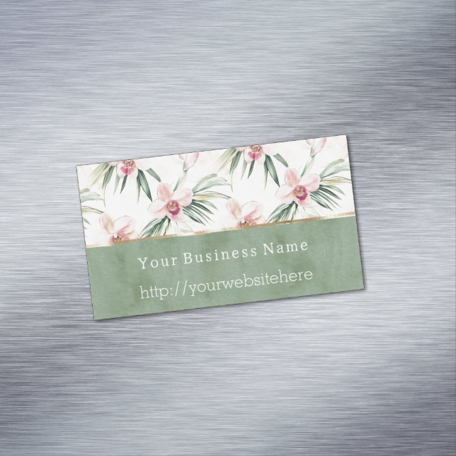 Green Pink Orchid Flowers Business name website Card Magnet (In Situ)