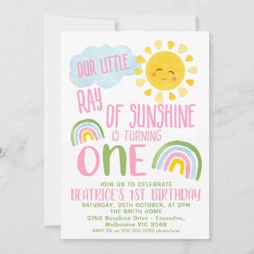 Green Pink Our Little Ray Of Sunshine 1st Birthday Invitation