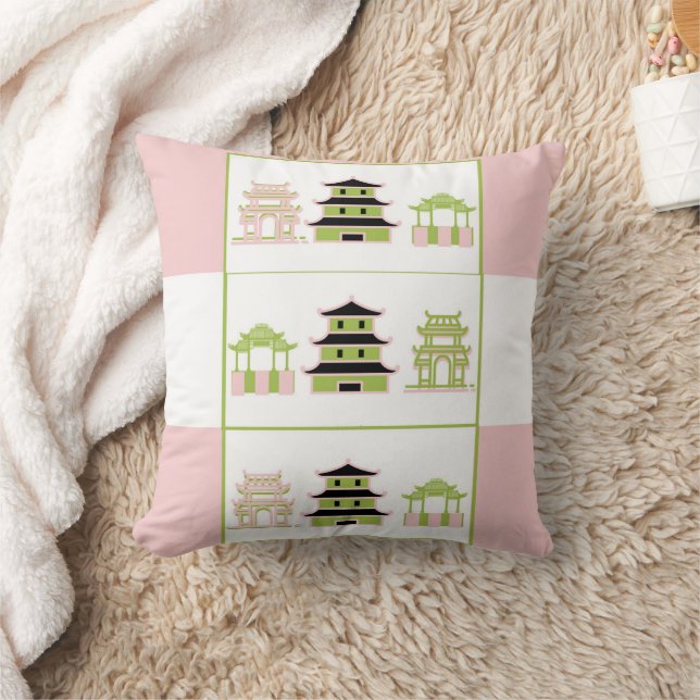 Green Pink Pagoda Striped Lumbar Throw Pillow (Blanket)
