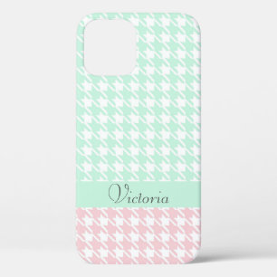 Green Pink Pastel Name Houndstooth Pattern Modern iPhone 12 Case
