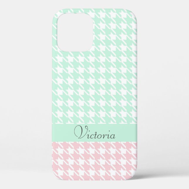 Green Pink Pastel Name Houndstooth Pattern Modern Case-Mate iPhone Case (Back)