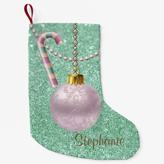 Green & Pink Pastel Ornament Faux Glitter Small Christmas Stocking (Front)