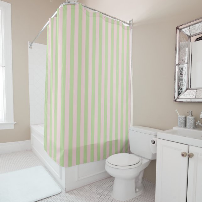 Green Pink Pastel Stripes Pattern Modern Geometric Shower Curtain (In Situ)