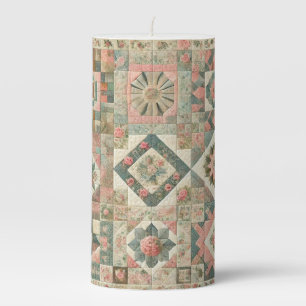 Green Pink Patchwork Quilt Rustic Floral Farmhouse Pillar Candle