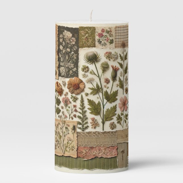 Green Pink Patchwork Quilt Rustic Floral Farmhouse Pillar Candle (Front)