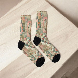 Green & Pink Patchwork Quilt Rustic Quilt Boho  Socks