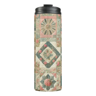 Green Pink Patchwork Quilt Rustic Retro Boho Thermal Tumbler