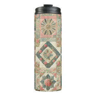 Green Pink Patchwork Quilt Rustic Retro Boho Thermal Tumbler