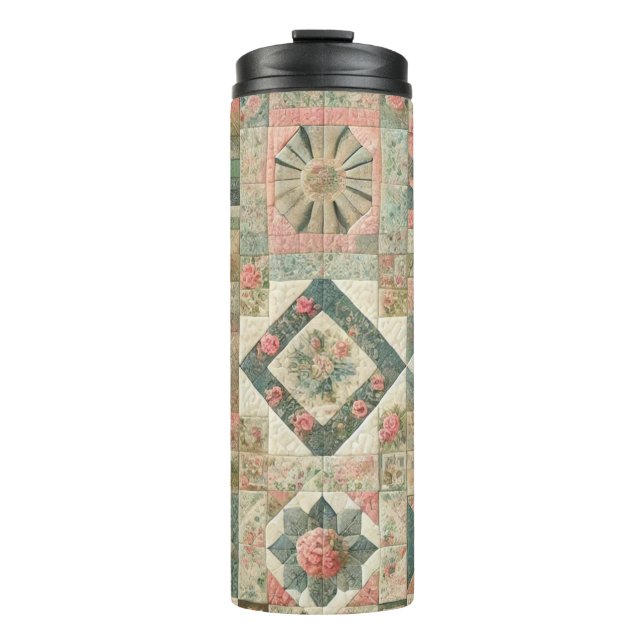 Green Pink Patchwork Quilt Rustic Retro Boho Thermal Tumbler (Front)