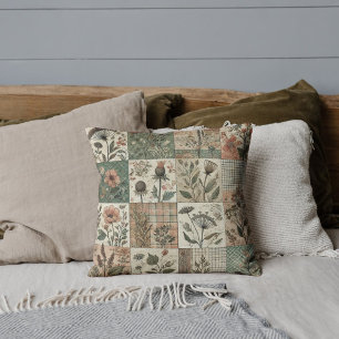 Green Pink Patchwork Quilt Rustic Retro Vintage Throw Pillow