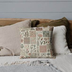 Green Pink Patchwork Quilt Rustic Retro Vintage Throw Pillow