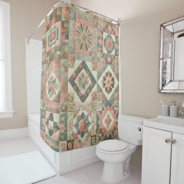 Green Pink Patchwork Rustic Retro Floral Farmhouse Shower Curtain (In Situ)