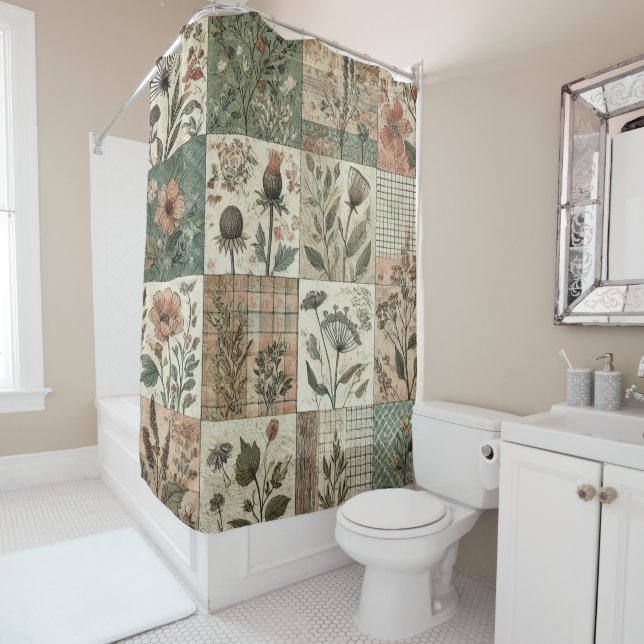 Green Pink Patchwork Rustic Retro Floral Farmhouse Shower Curtain (In Situ)