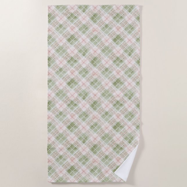 Green Pink Plaid Stripes   Beach Towel (Front)