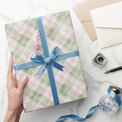 Green Pink Plaid Stripes Birthday Wrapping Paper