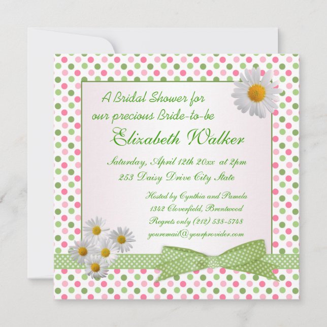Green, pink polka dot, white daisy Bridal Shower Invitation (Front)