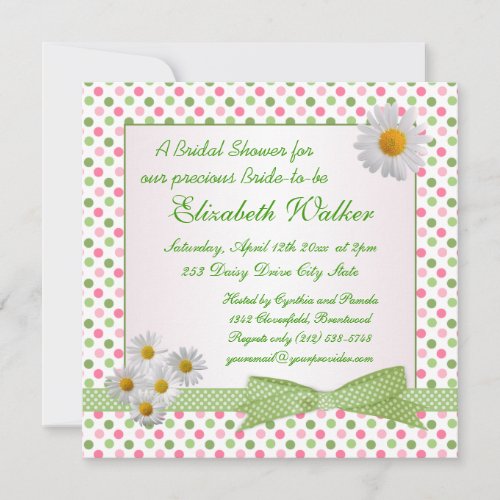 Green pink polka dot white daisy Bridal Shower Invitation