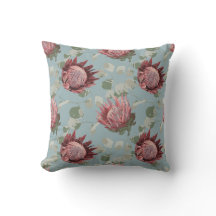 Green & Pink Protea on french blue Pillow
