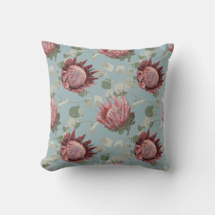 Green & Pink Protea on french blue Pillow