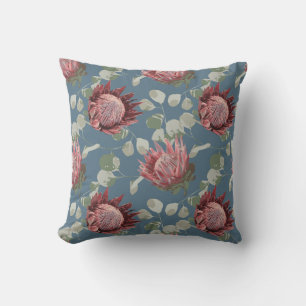 Green & Pink Protea on Gray Blue Accent pillow