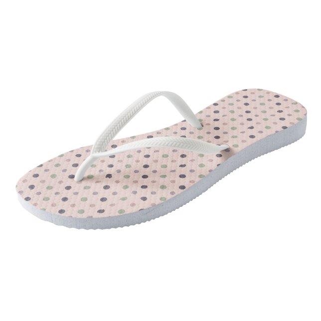 Green, pink, purple, blue dots flip flops (Angled)