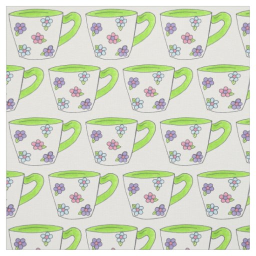 Green Pink Purple Floral Flower Print Tea Teacup Fabric